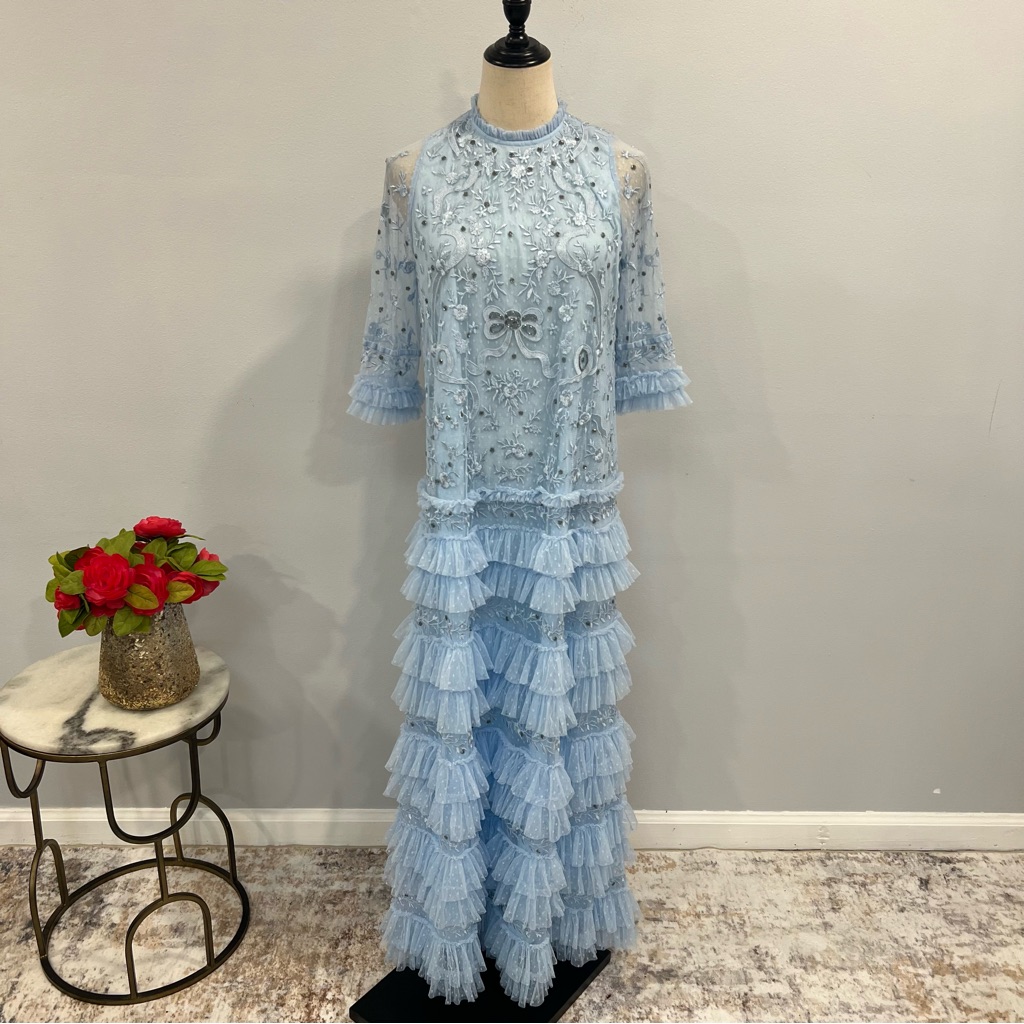 Mac Duggal Powder Blue Ruffled Floral Embroidered Mesh Maxi Gown - Reemoly